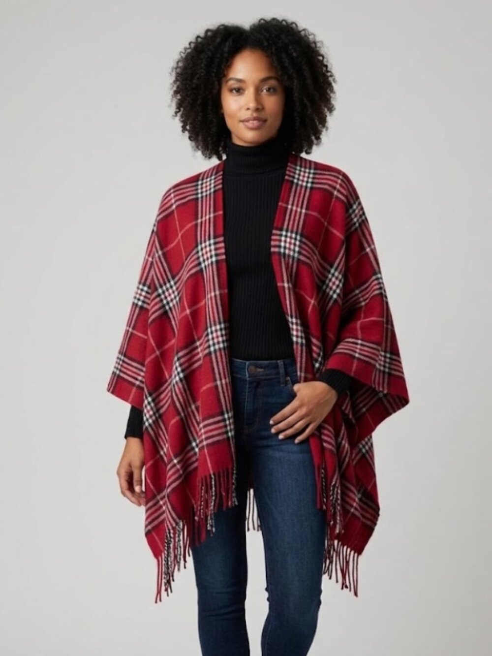 NWOT RED PLAID FRINGE lightweight Poncho Cardigan Vest One Size